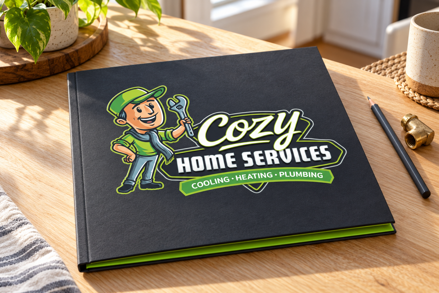 AI-generated brand concept for Cozy Home Services: service presentation folder.