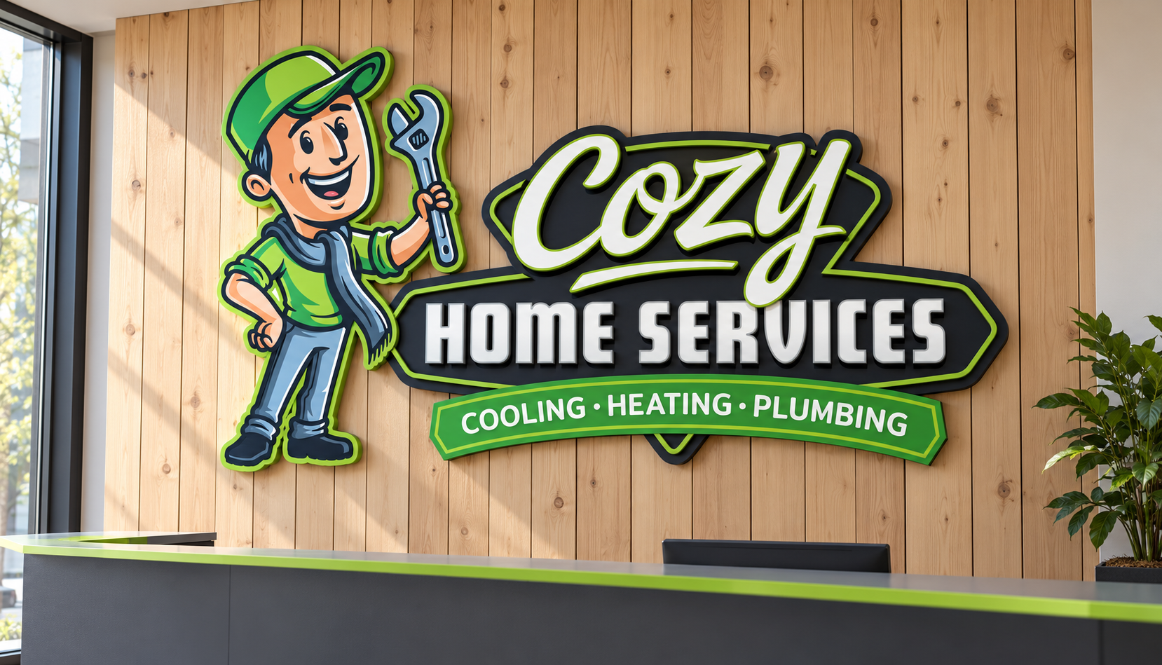 AI-generated brand concept for Cozy Home Services: dimensional reception sign.