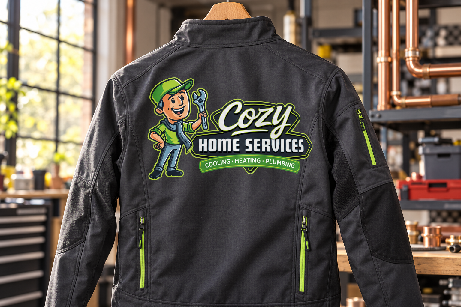 AI-generated brand concept for Cozy Home Services: workshop service jacket.