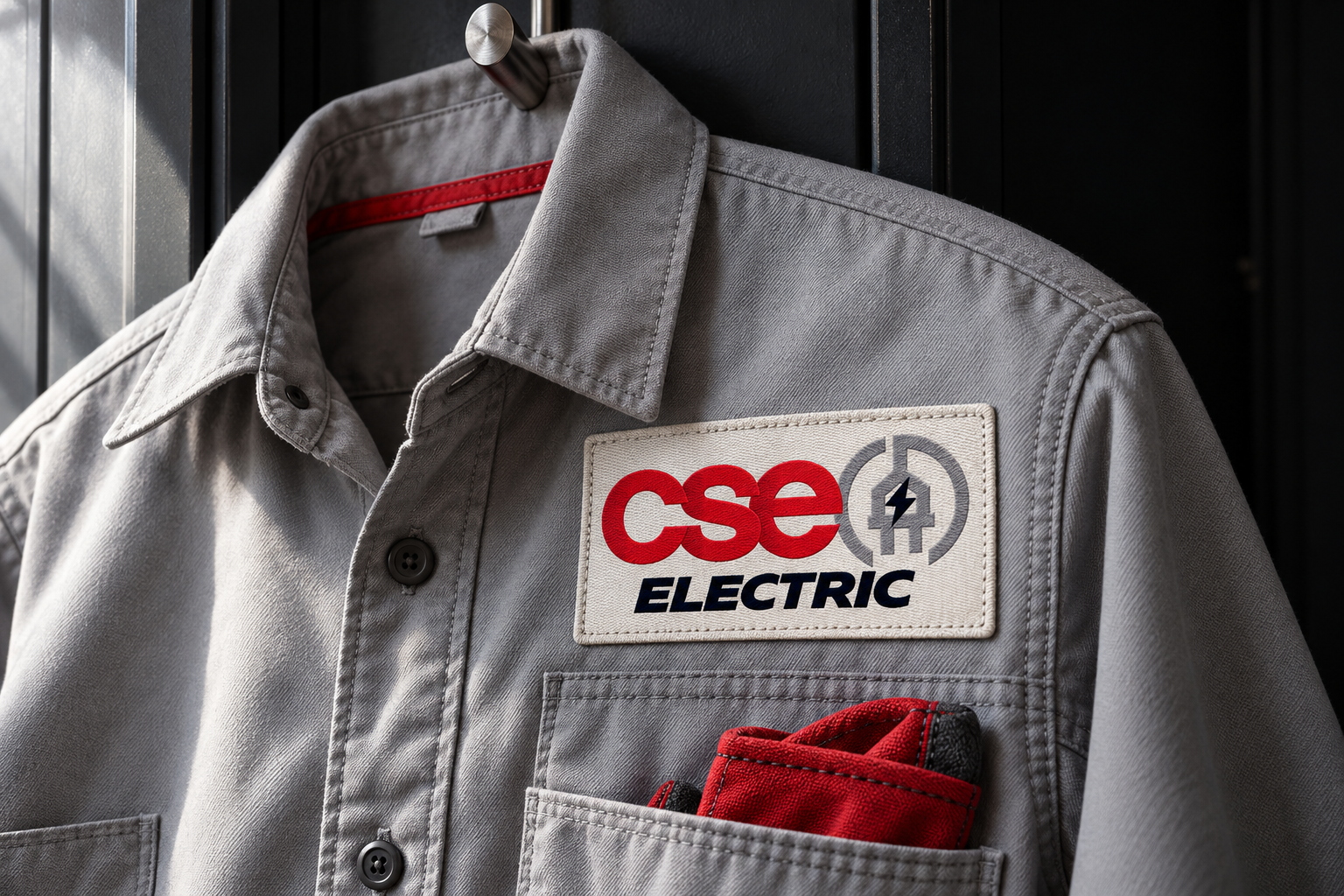 AI-generated brand concept for Current Solutions Electric: workwear locker detail.