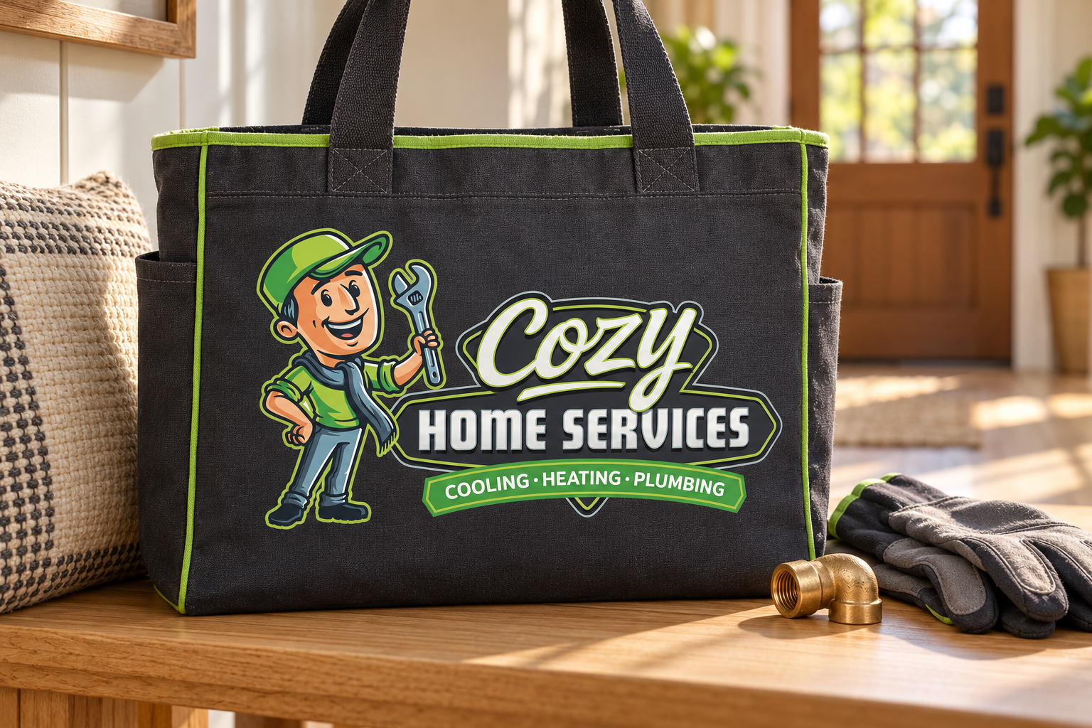 AI-generated brand concept for Cozy Home Services: service welcome tote.