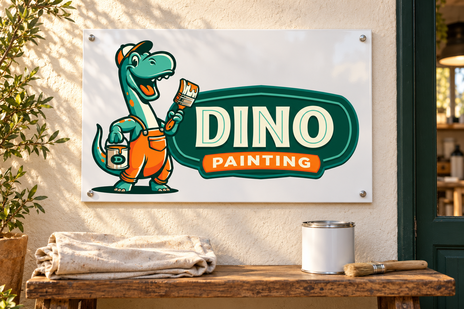 AI-generated brand concept for Dino Painting: painted workshop sign.