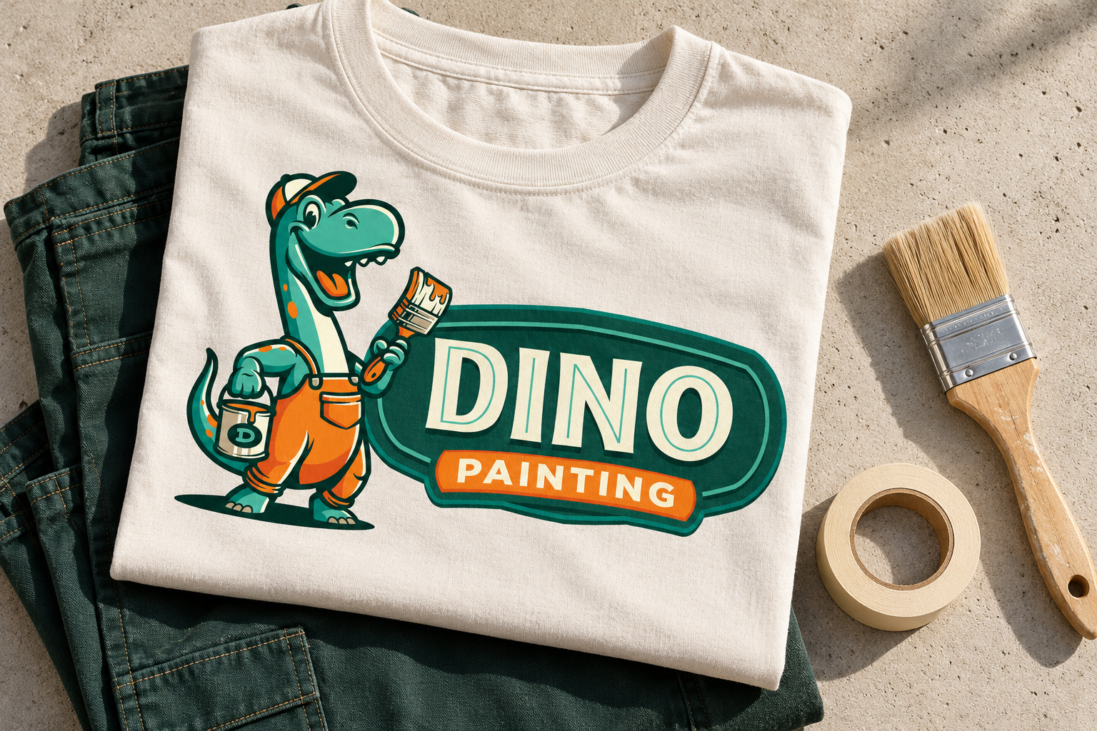 AI-generated brand concept for Dino Painting: painter uniform flatlay.