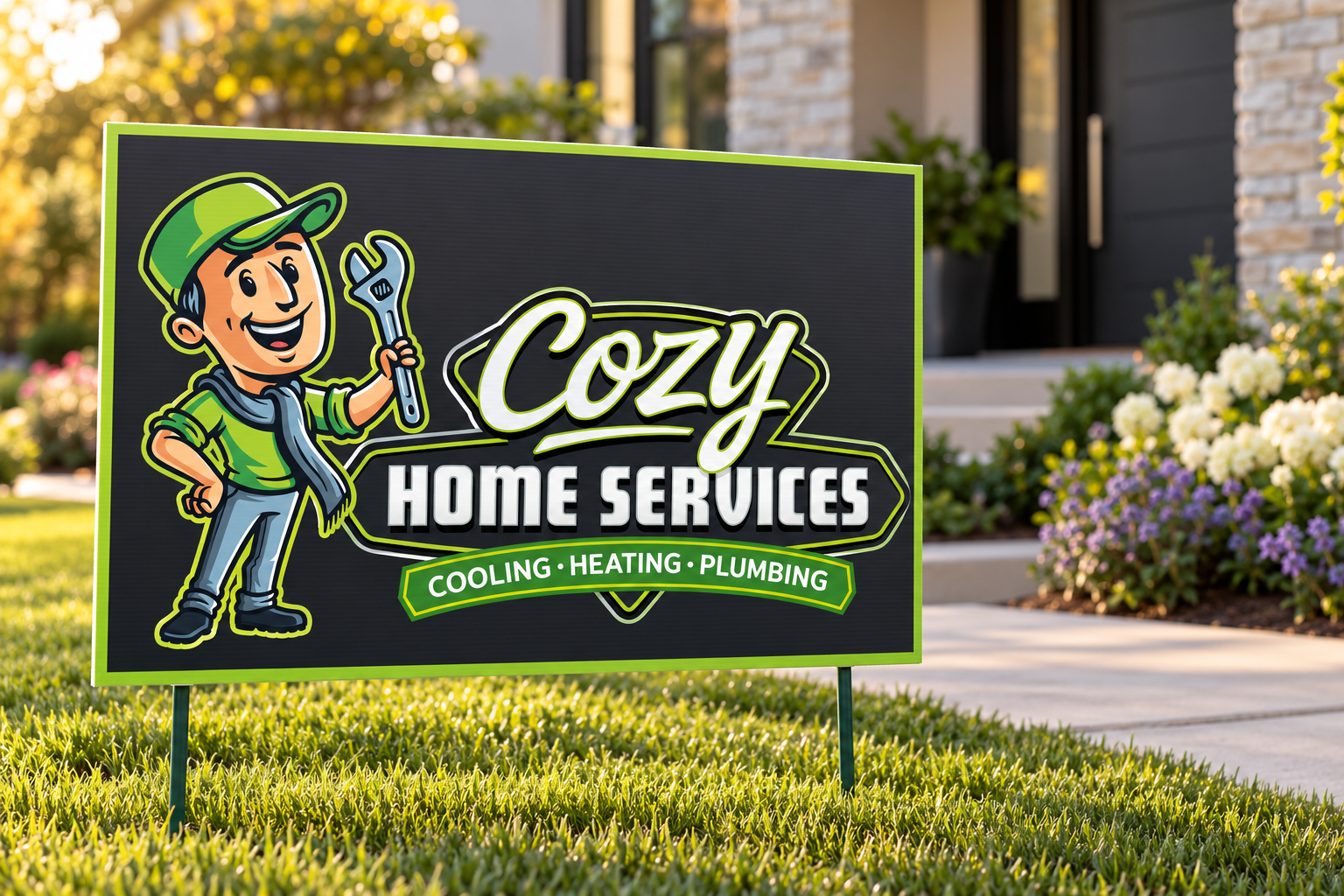 AI-generated brand concept for Cozy Home Services: residential yard sign.