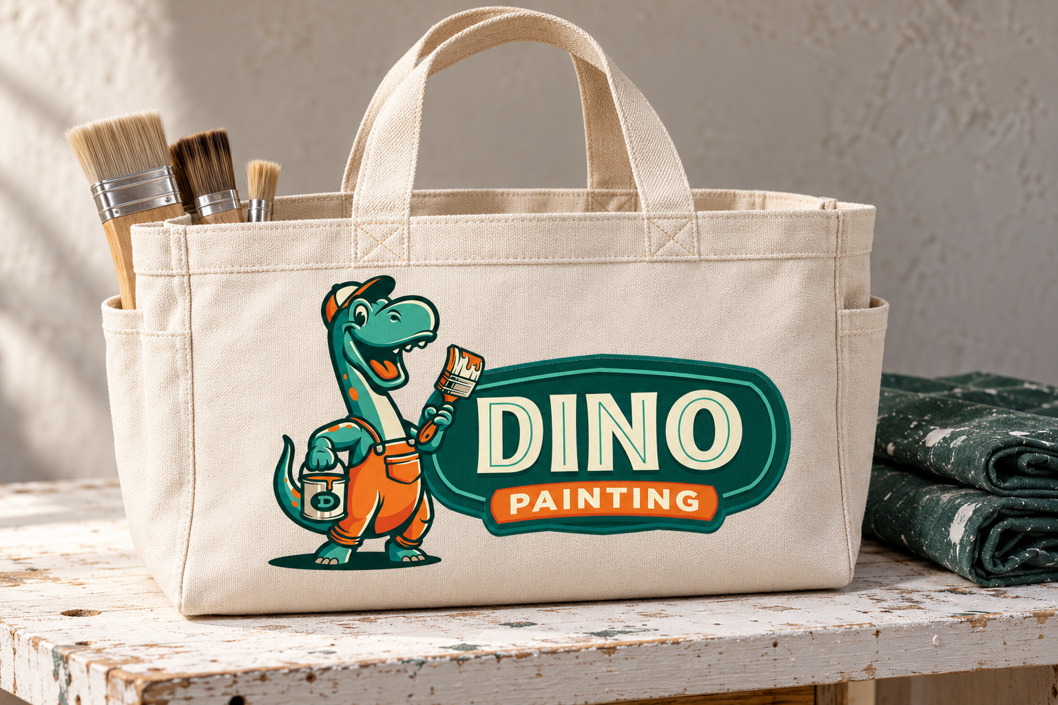 AI-generated brand concept for Dino Painting: canvas tool bag.