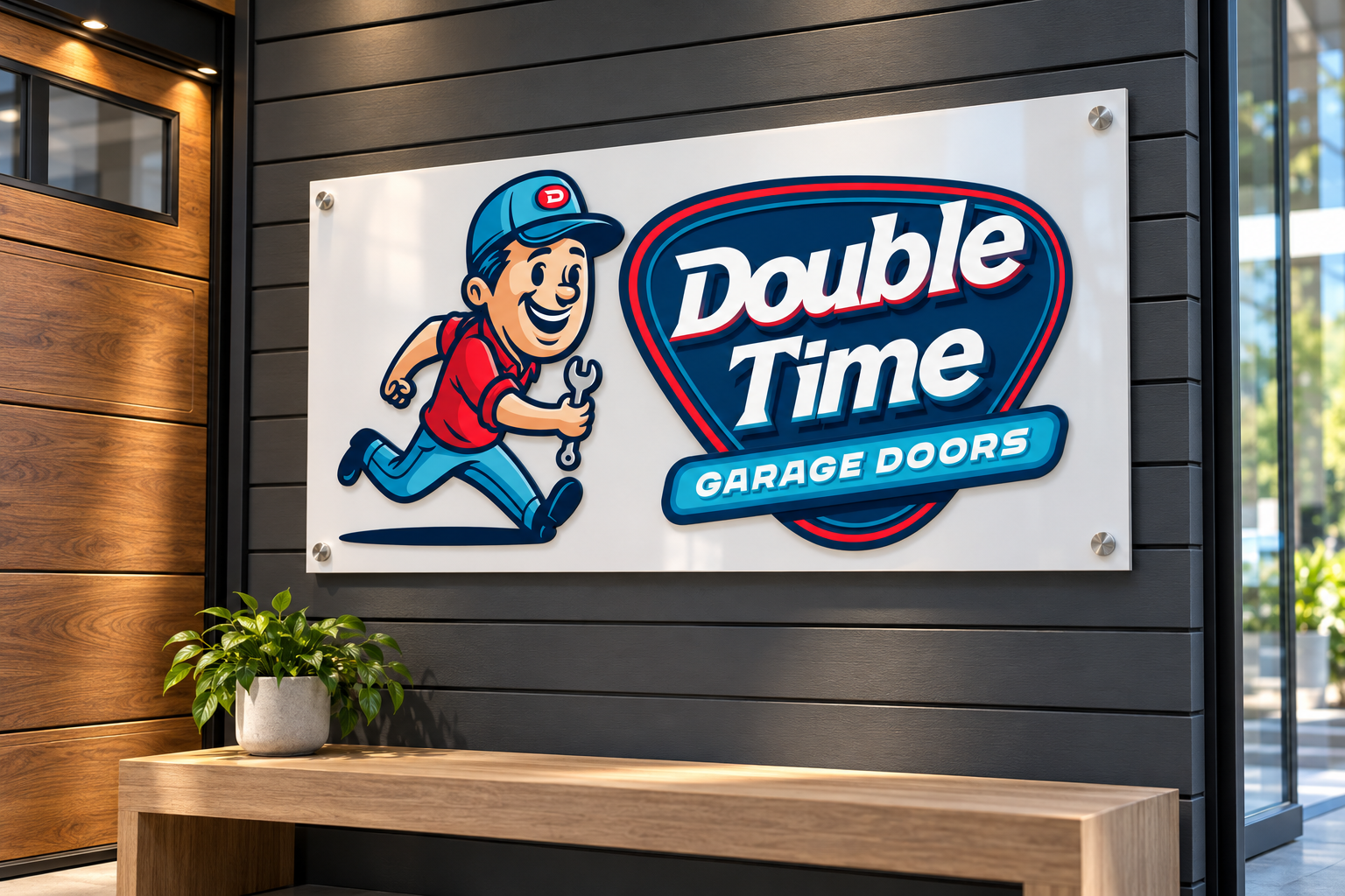 AI-generated brand concept for Double Time Garage Doors: dimensional showroom sign.