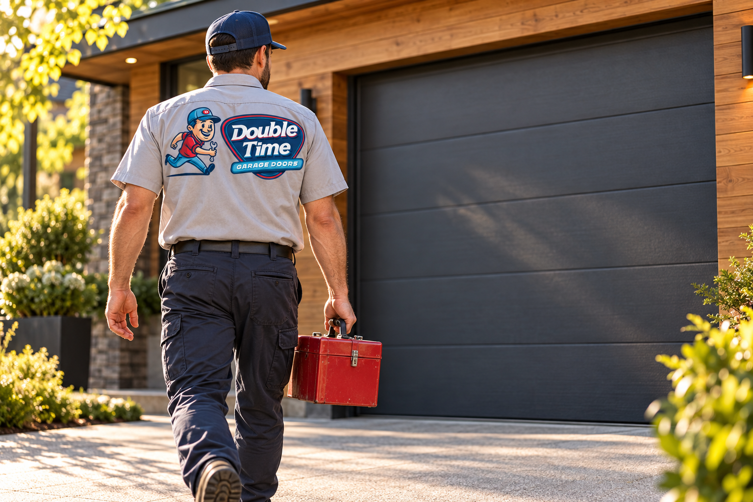 AI-generated brand concept for Double Time Garage Doors: technician at garage.