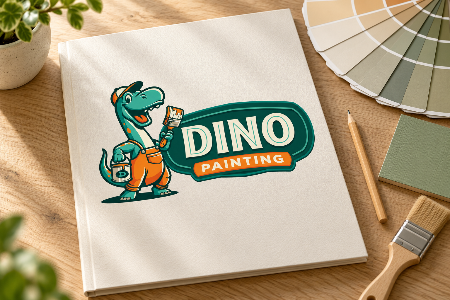 AI-generated brand concept for Dino Painting: project folder desk.