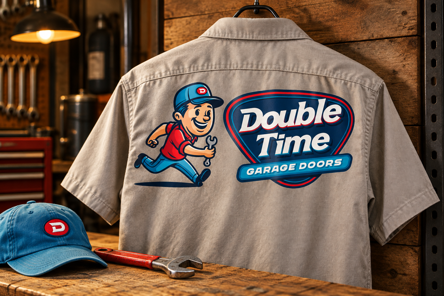 AI-generated brand concept for Double Time Garage Doors: workwear.