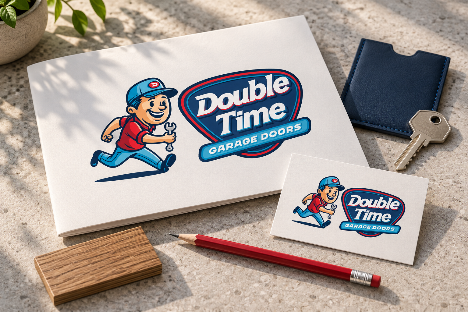 AI-generated brand concept for Double Time Garage Doors: homeowner welcome kit.