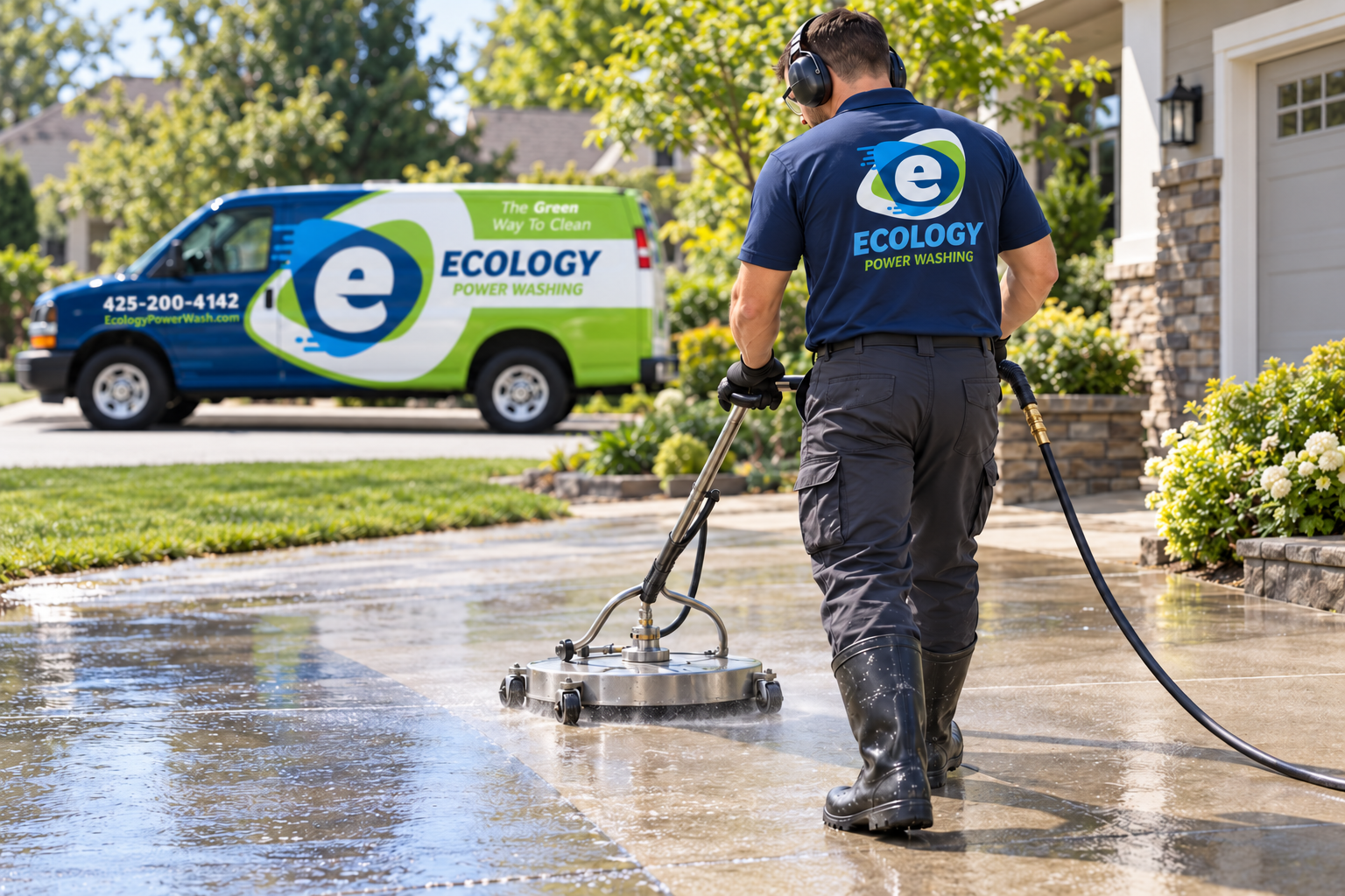 AI-generated brand concept for Ecology Power Washing: driveway wash action.