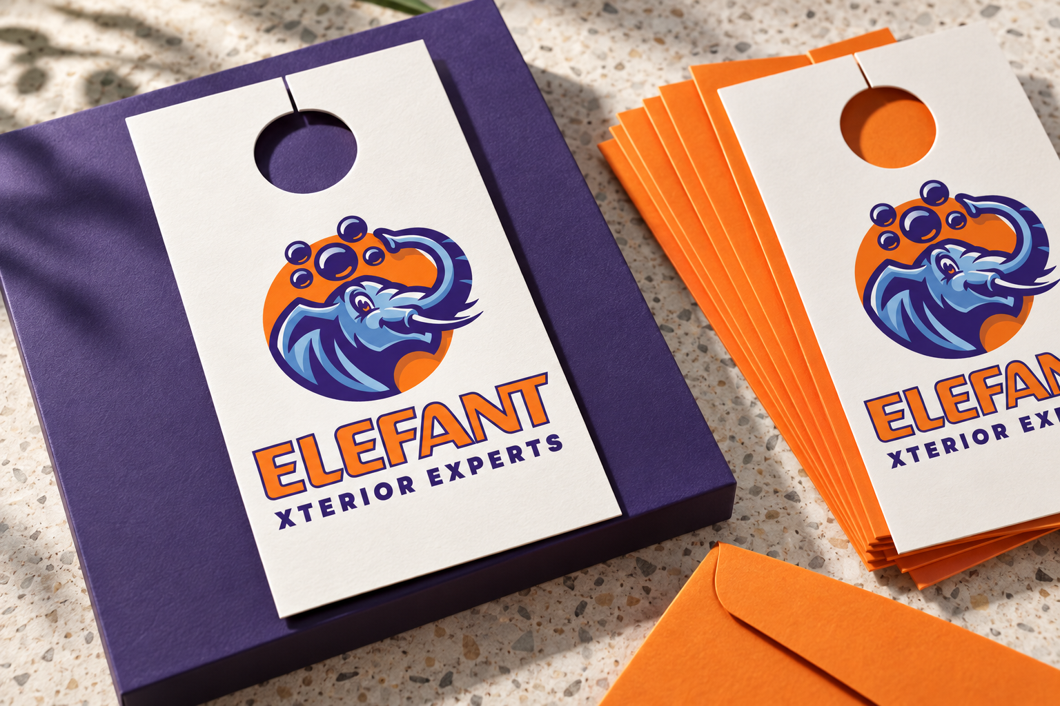 AI-generated brand concept for Elefant Xterior Experts: neighborhood door hangers.