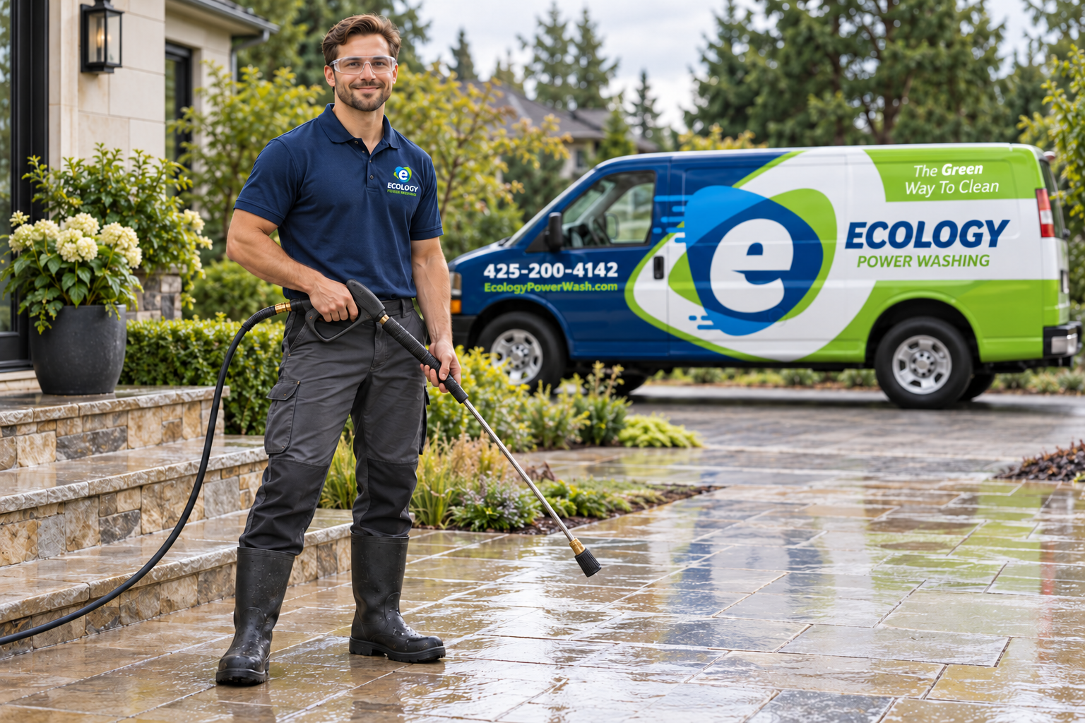 AI-generated brand concept for Ecology Power Washing: patio service portrait.