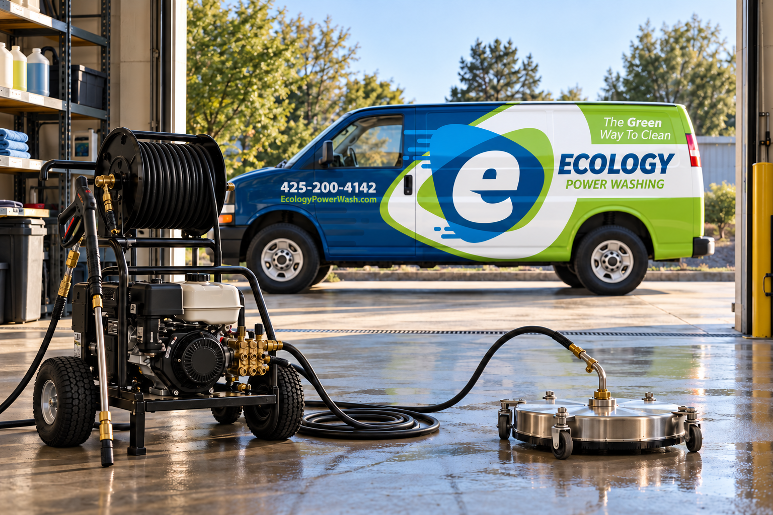 AI-generated brand concept for Ecology Power Washing: equipment bay.