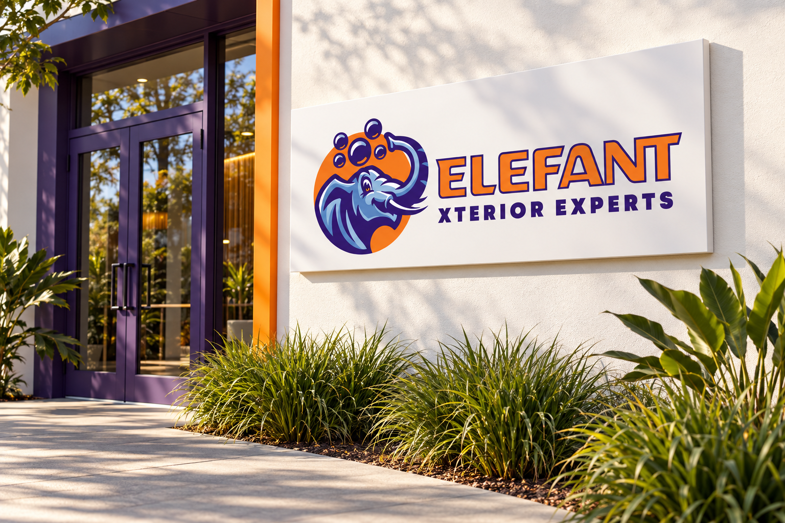 AI-generated brand concept for Elefant Xterior Experts: facility brand signage.