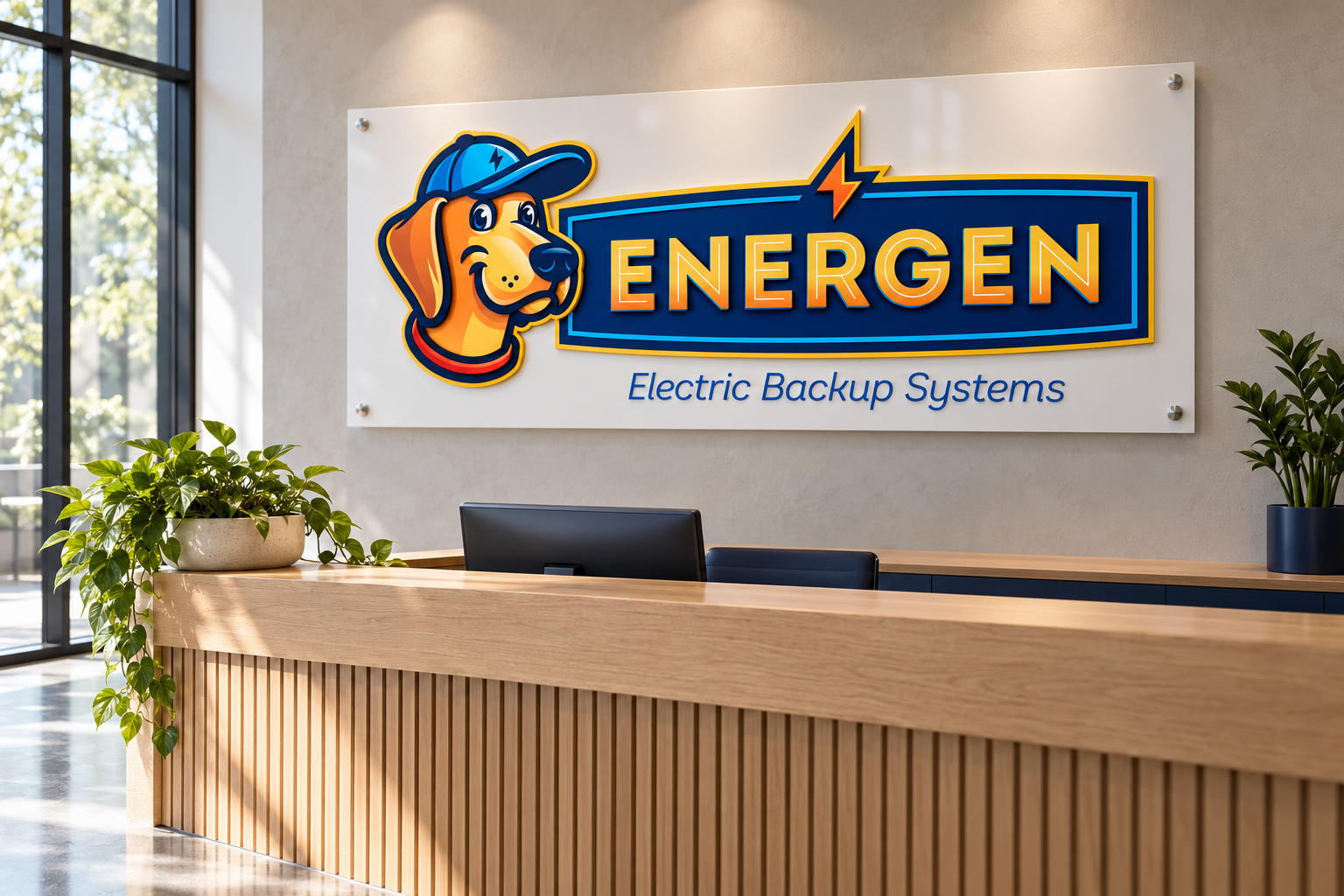 AI-generated brand concept for Energen: reception wall sign.