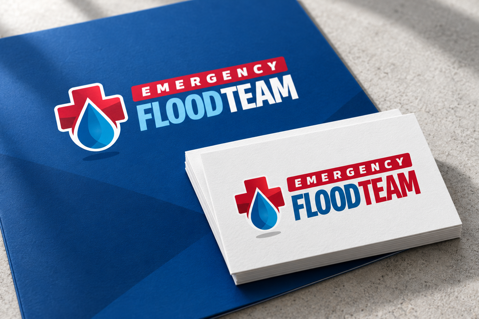 AI-generated brand concept for Emergency Flood Team: brand stationery.
