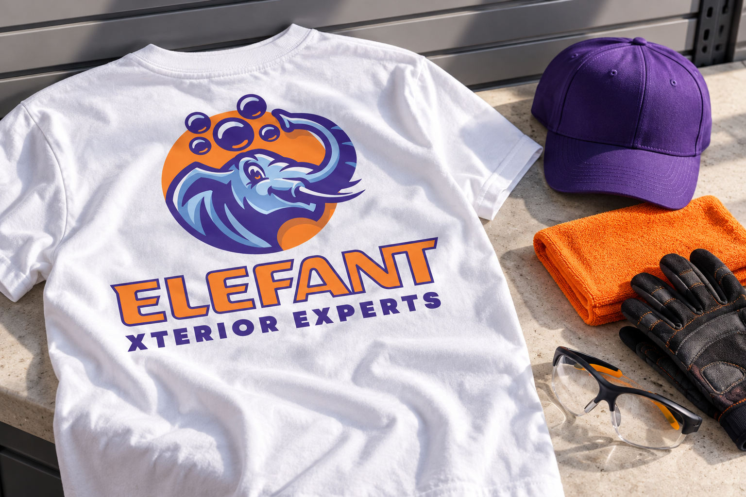AI-generated brand concept for Elefant Xterior Experts: exterior cleaning kit.