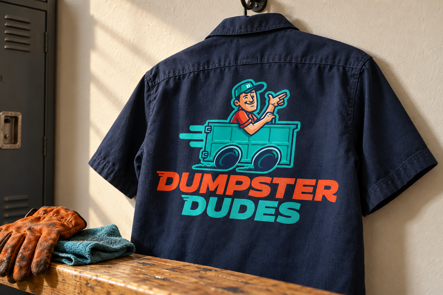 AI-generated brand concept for Dumpster Dudes: premium workshirt.