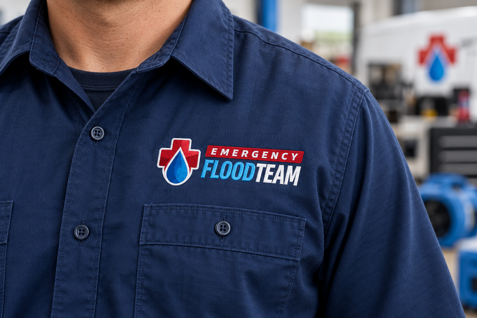 AI-generated brand concept for Emergency Flood Team: uniform closeup.