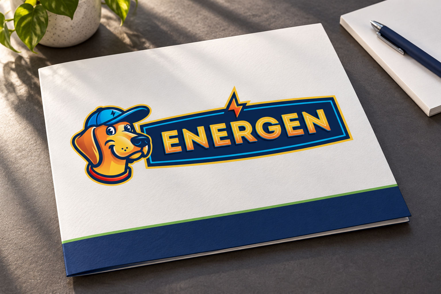 AI-generated brand concept for Energen: presentation folder.