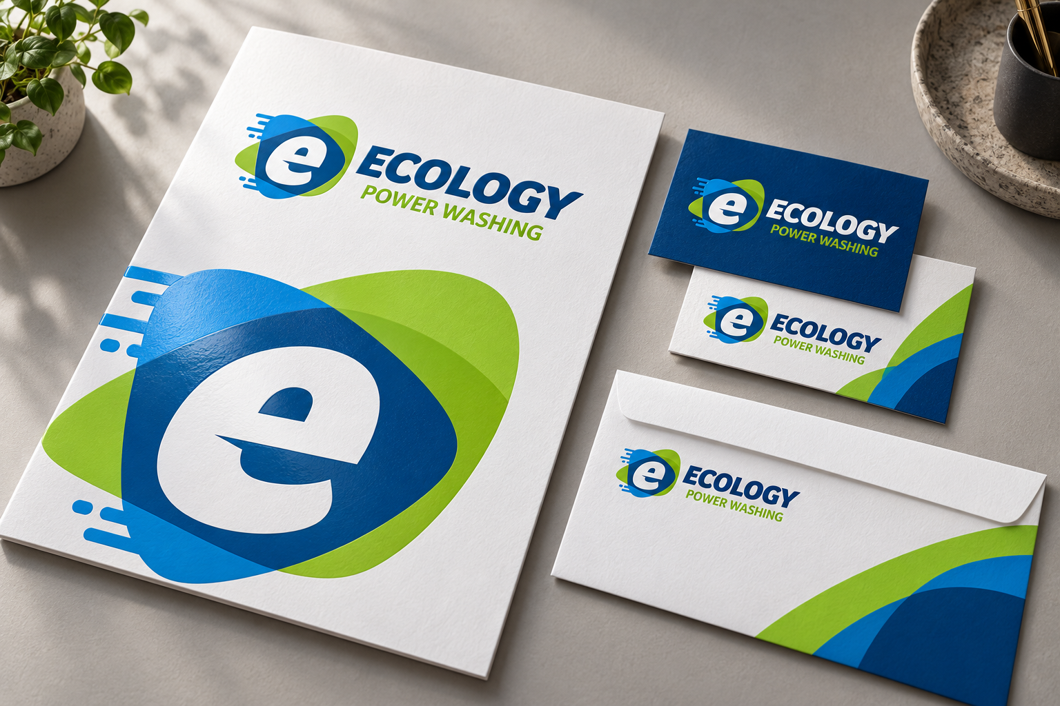 AI-generated brand concept for Ecology Power Washing: premium print suite.