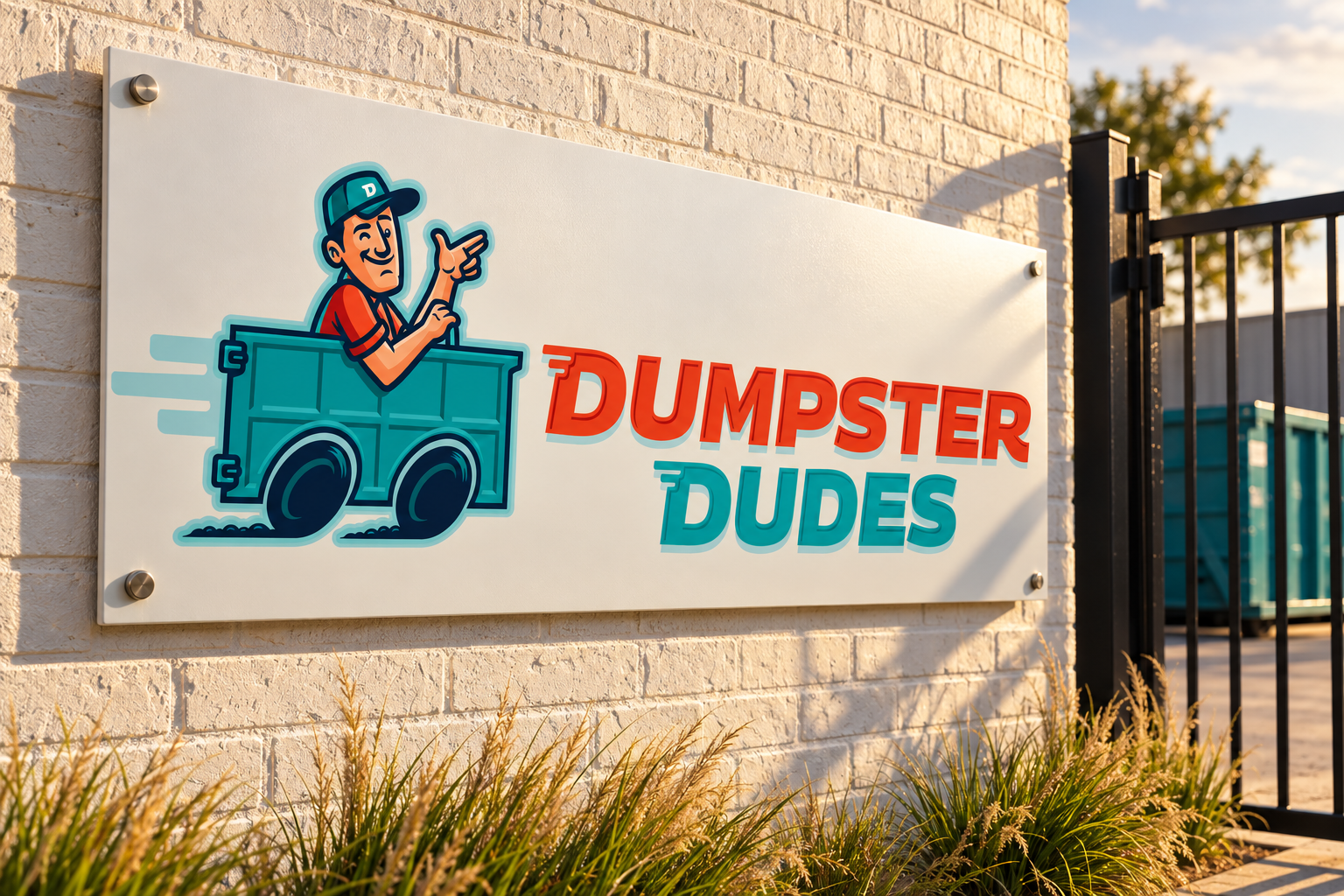 AI-generated brand concept for Dumpster Dudes: depot entrance sign.