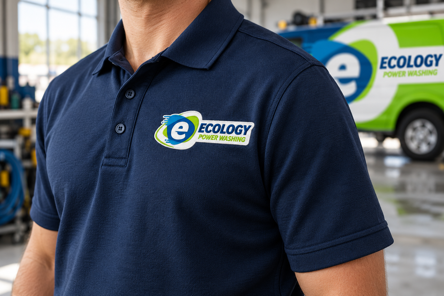 AI-generated brand concept for Ecology Power Washing: uniform embroidery.