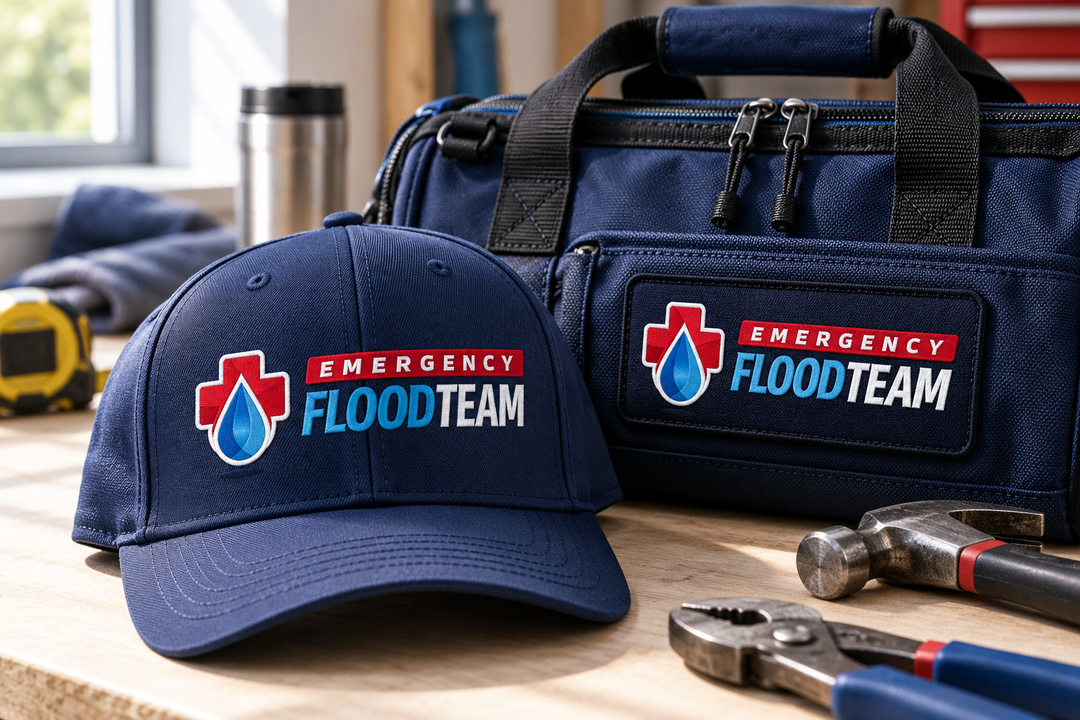 AI-generated brand concept for Emergency Flood Team: branded work gear.