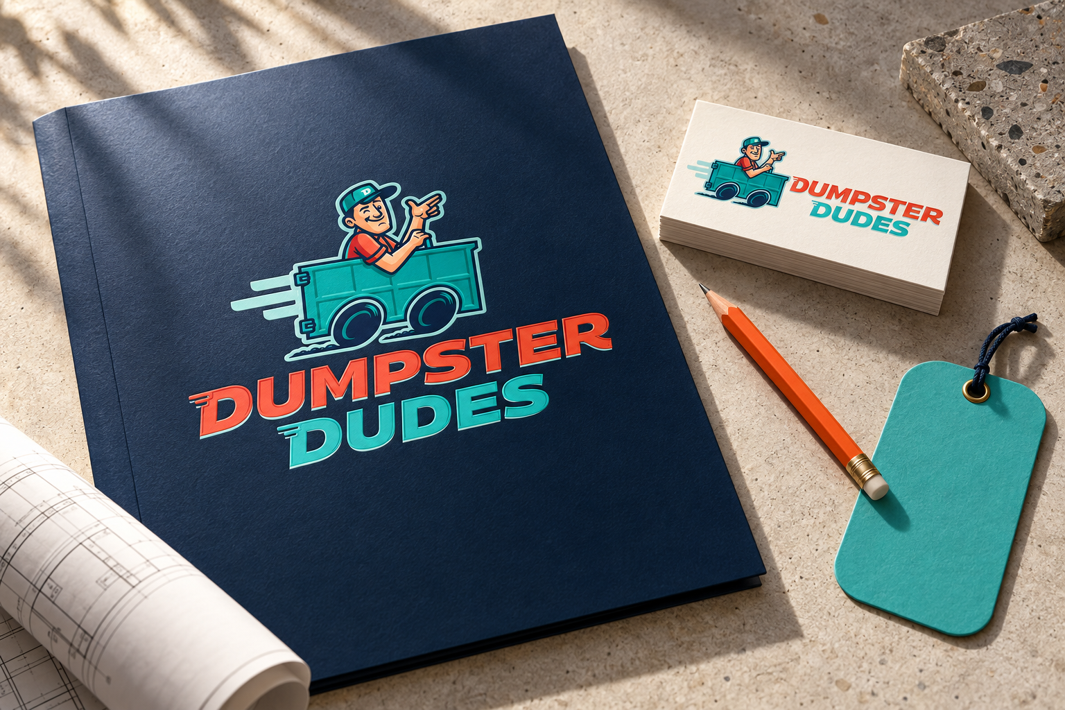 AI-generated brand concept for Dumpster Dudes: customer welcome kit.