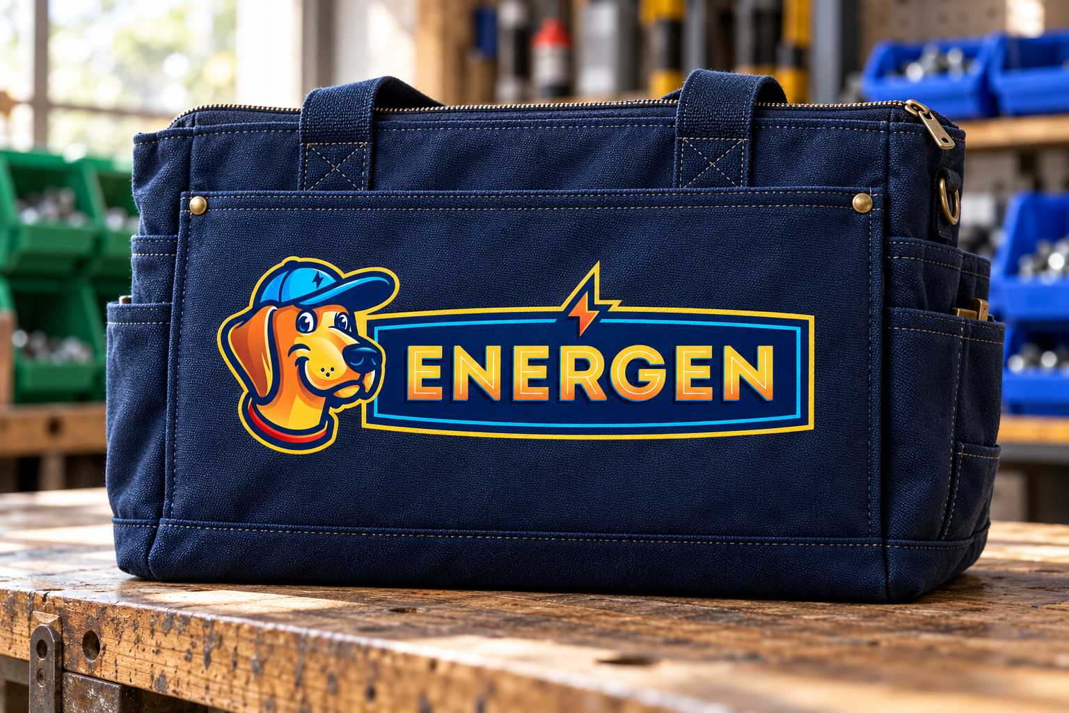 AI-generated brand concept for Energen: technician tool tote.