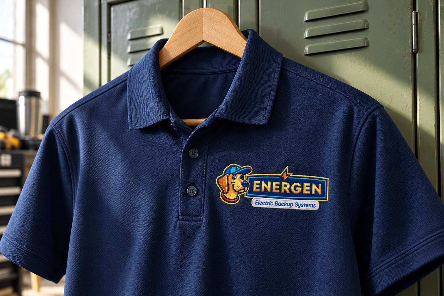 AI-generated brand concept for Energen: workwear polo.