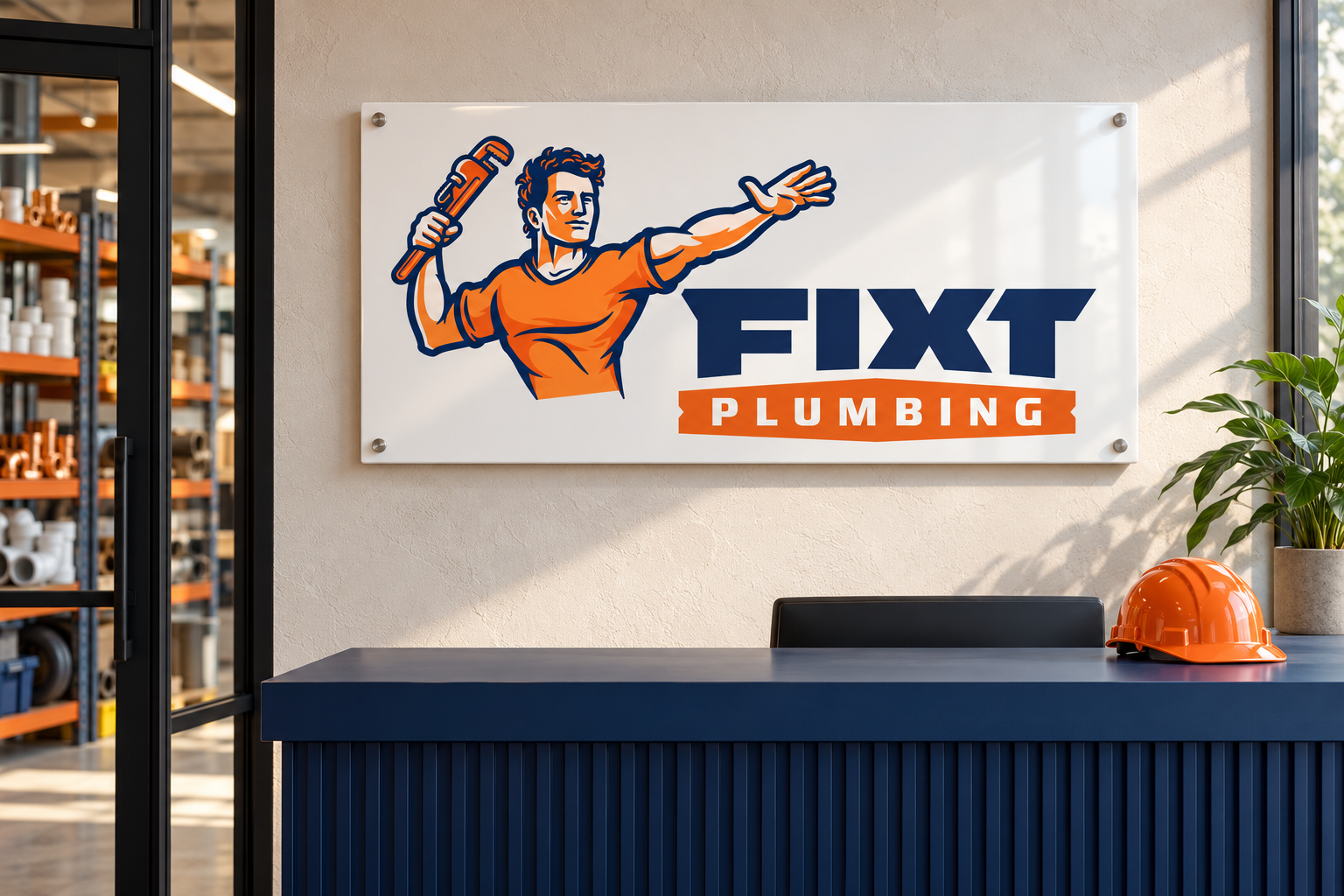 AI-generated brand concept for Fixt Plumbing: workshop signage.