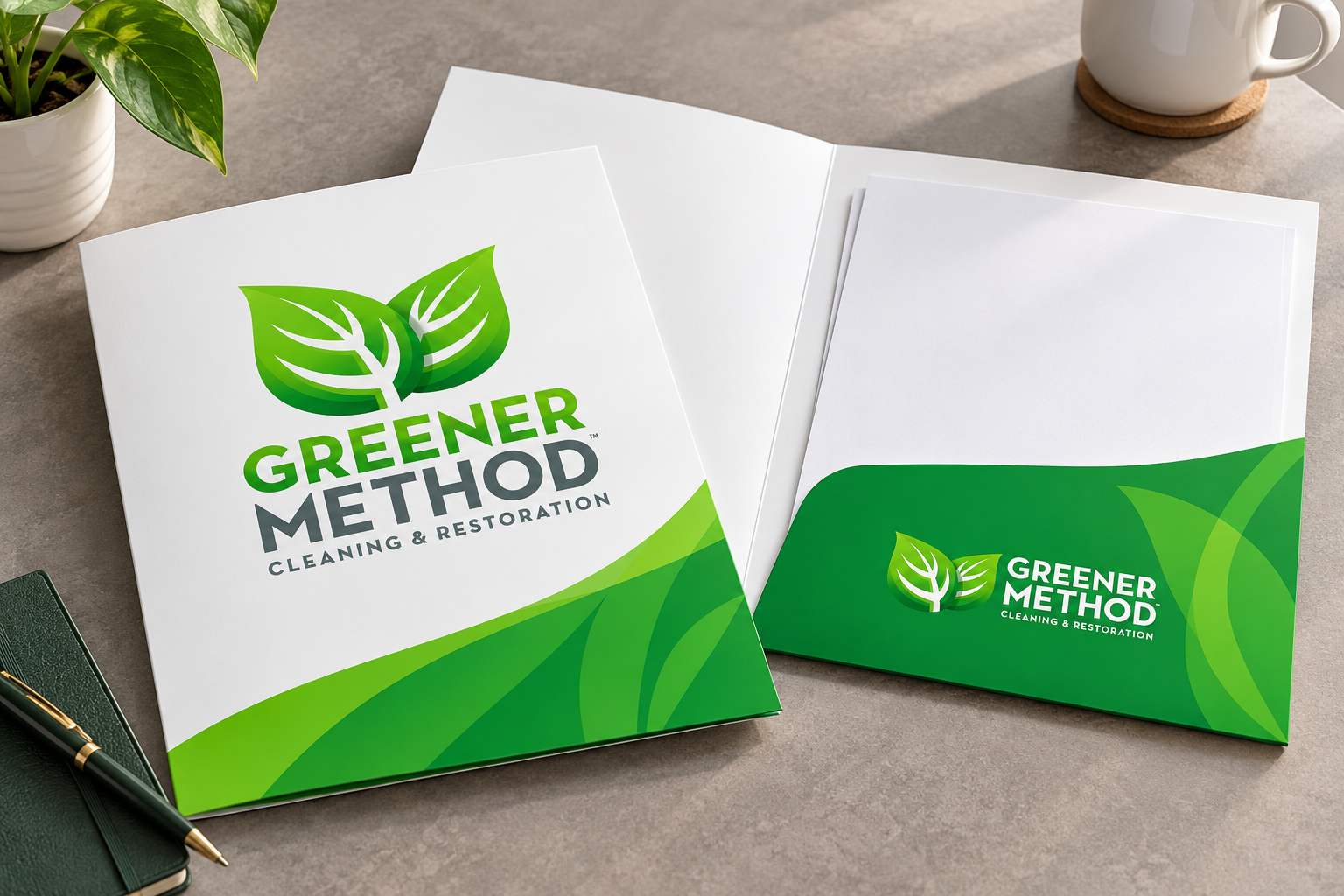 AI-generated brand concept for Greener Method Cleaning and Restoration: presentation folder.