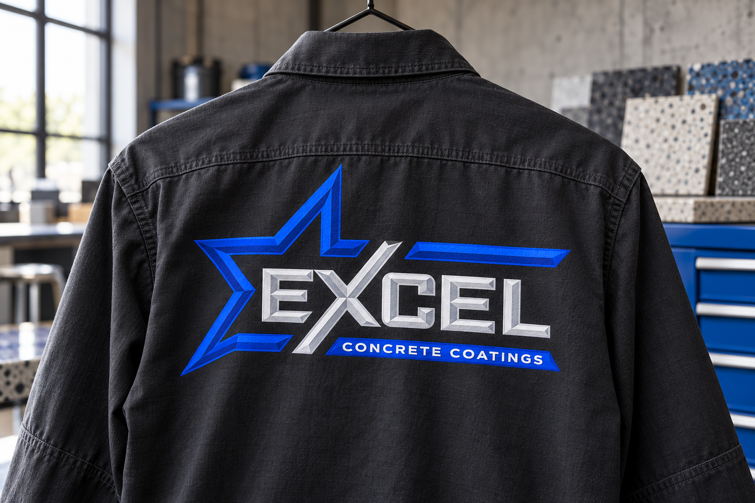 AI-generated brand concept for Excel Concrete Coatings: workwear studio.