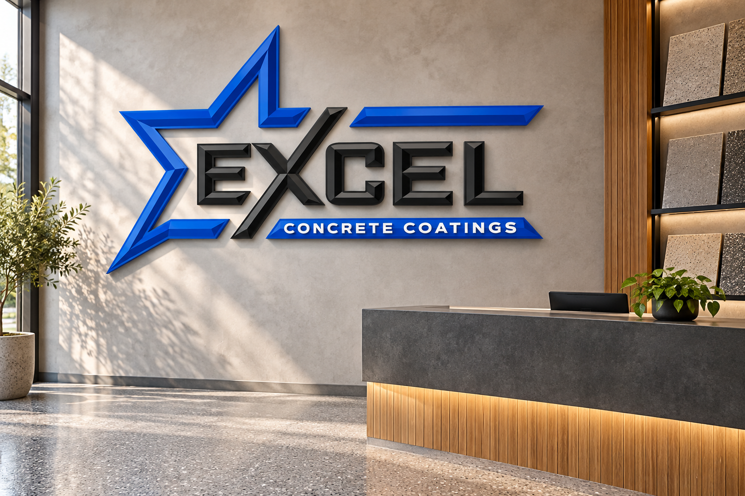 AI-generated brand concept for Excel Concrete Coatings: showroom signage.