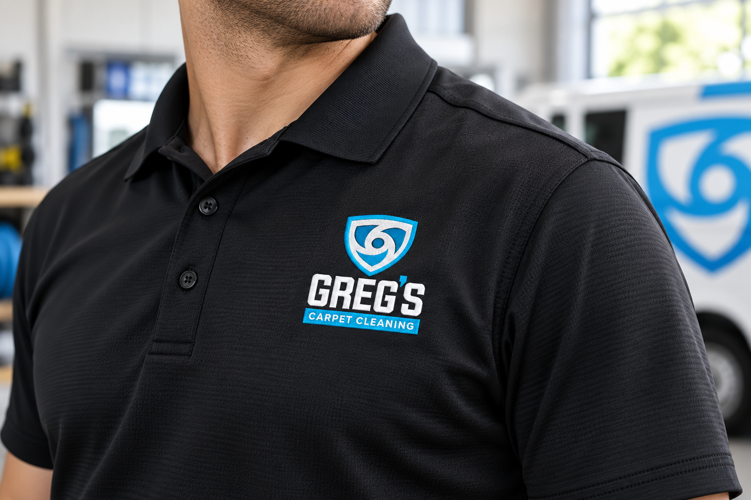 AI-generated brand concept for Greg’s Carpet Cleaning: uniform closeup.
