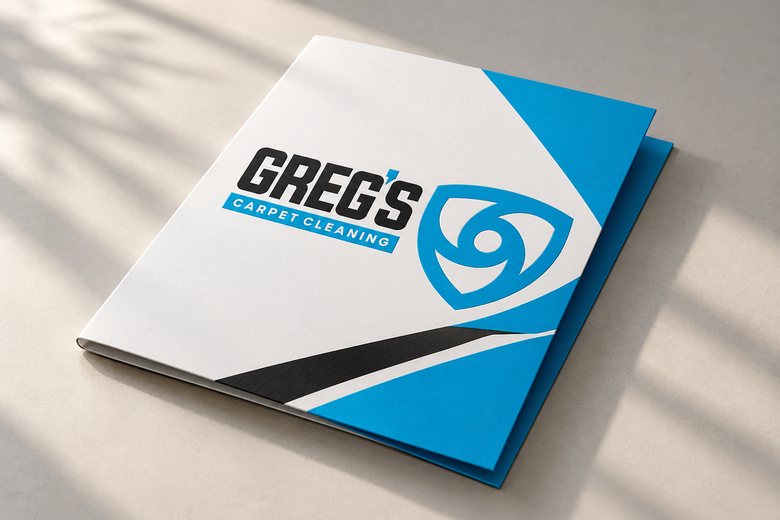AI-generated brand concept for Greg’s Carpet Cleaning: presentation folder.