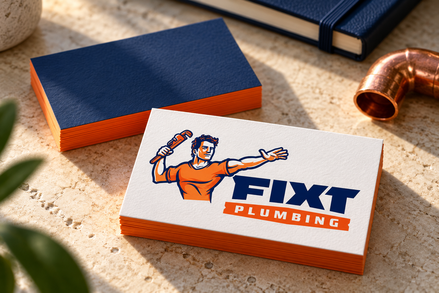 AI-generated brand concept for Fixt Plumbing: premium brand cards.