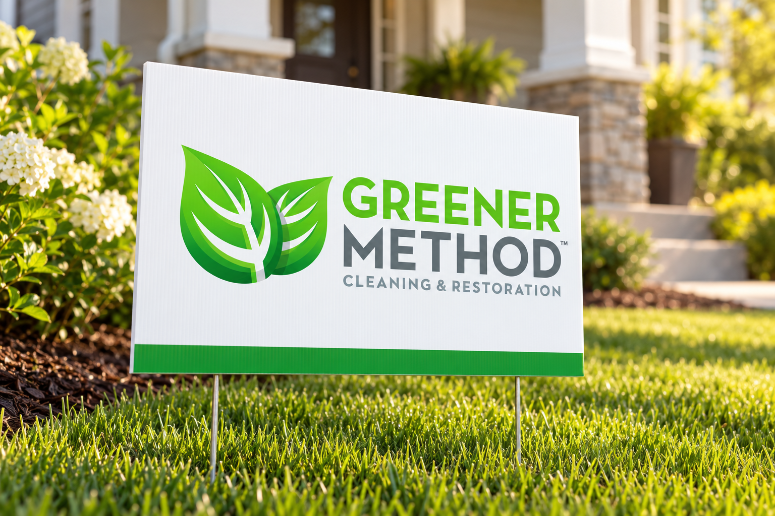 AI-generated brand concept for Greener Method Cleaning and Restoration: yard sign.