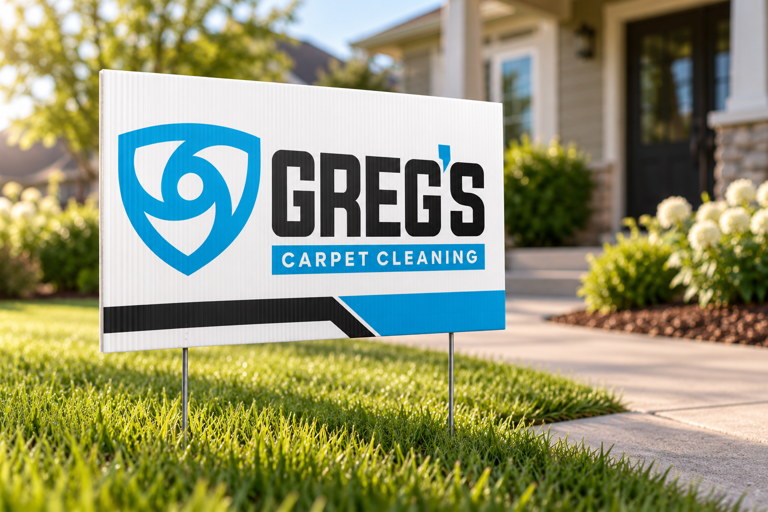 AI-generated brand concept for Greg’s Carpet Cleaning: yard sign.