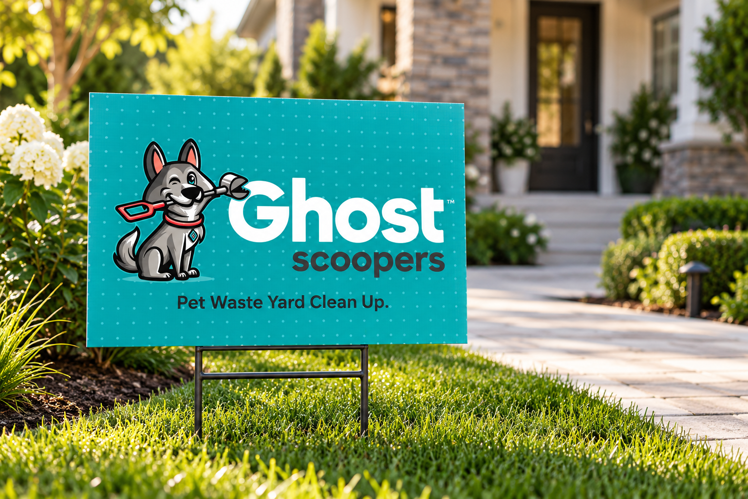 AI-generated brand concept for Ghost Scoopers: yard sign garden.