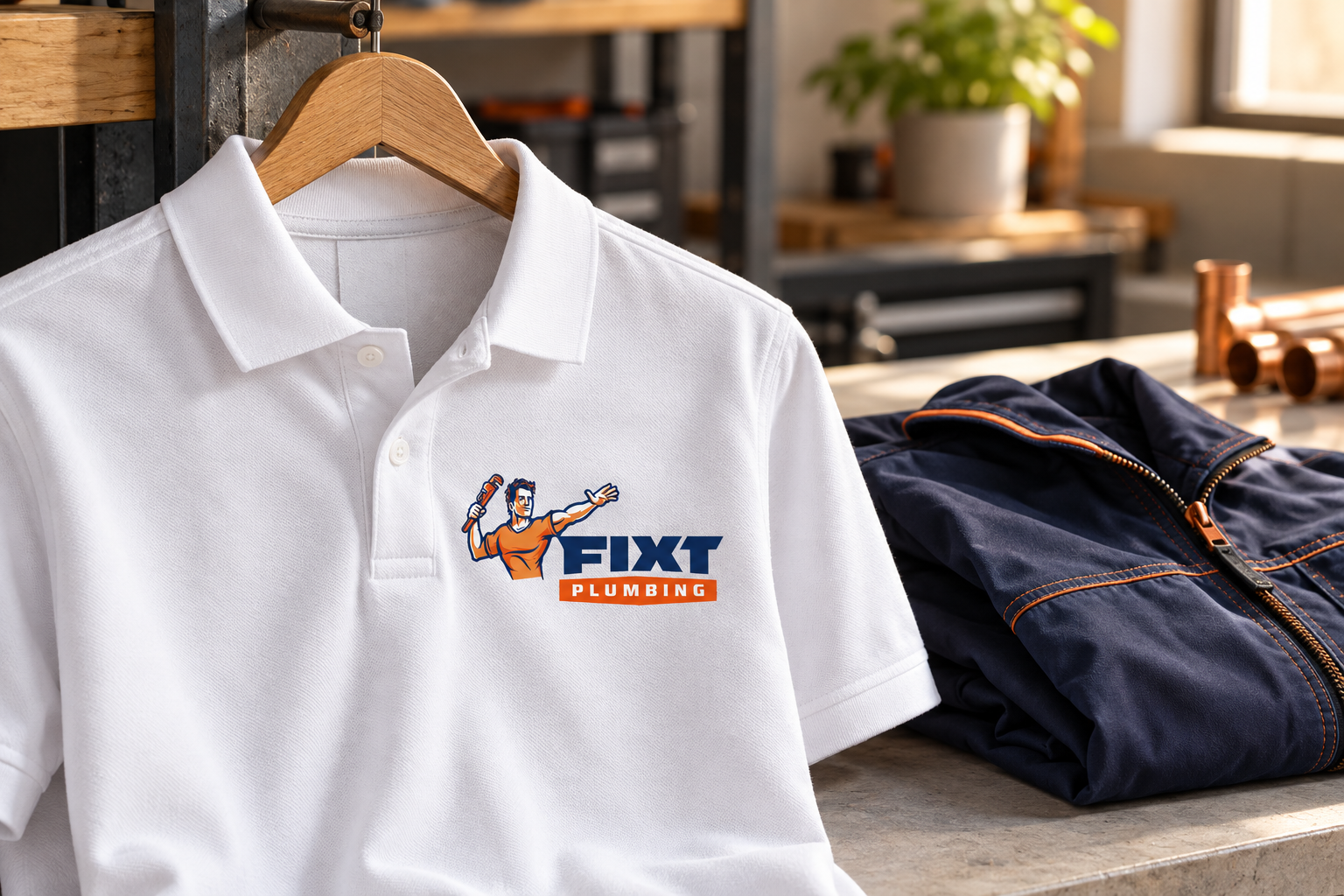 AI-generated brand concept for Fixt Plumbing: uniform workwear.