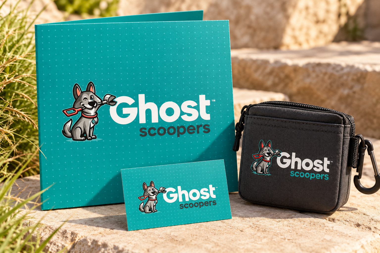 AI-generated brand concept for Ghost Scoopers: client welcome collateral.