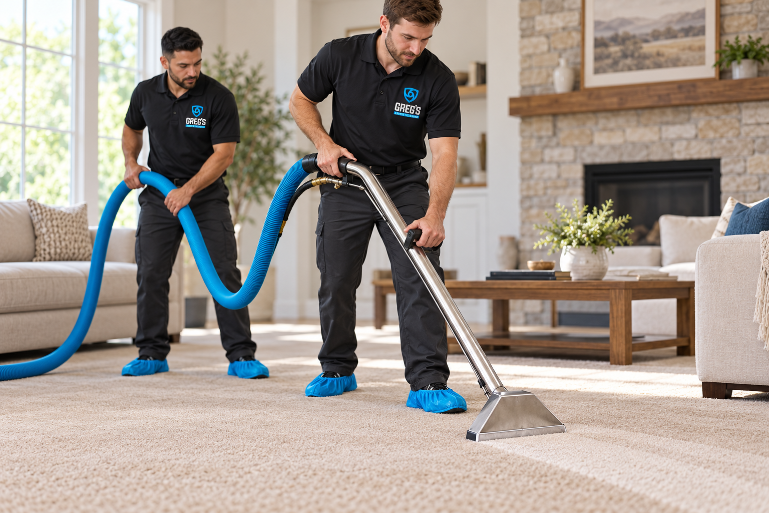 AI-generated brand concept for Greg’s Carpet Cleaning: two technicians working.