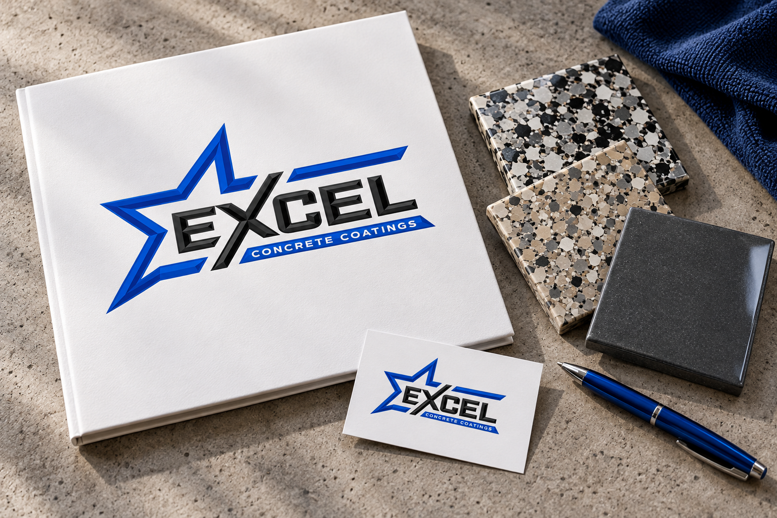 AI-generated brand concept for Excel Concrete Coatings: premium sample kit.