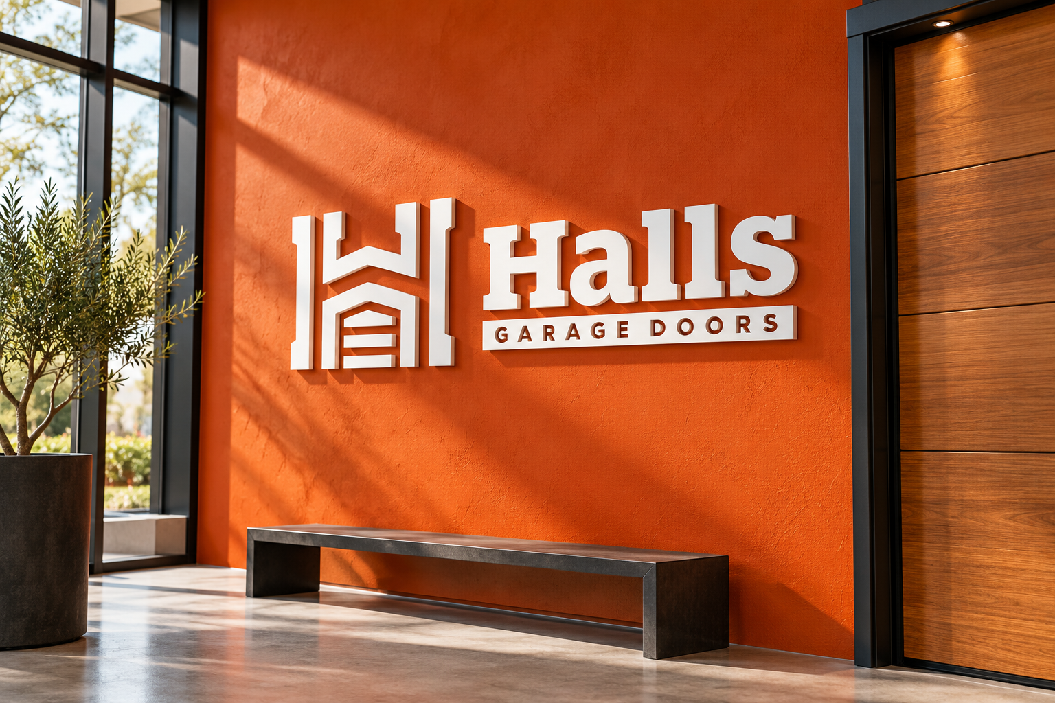AI-generated brand concept for Halls Garage Doors: dimensional showroom sign.