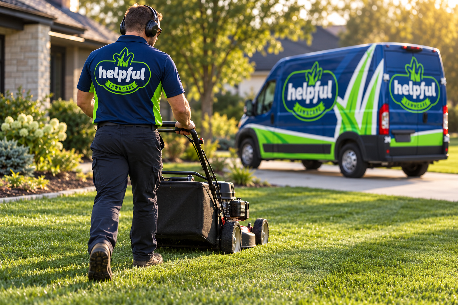 AI-generated brand concept for Helpful Lawncare: technician working.