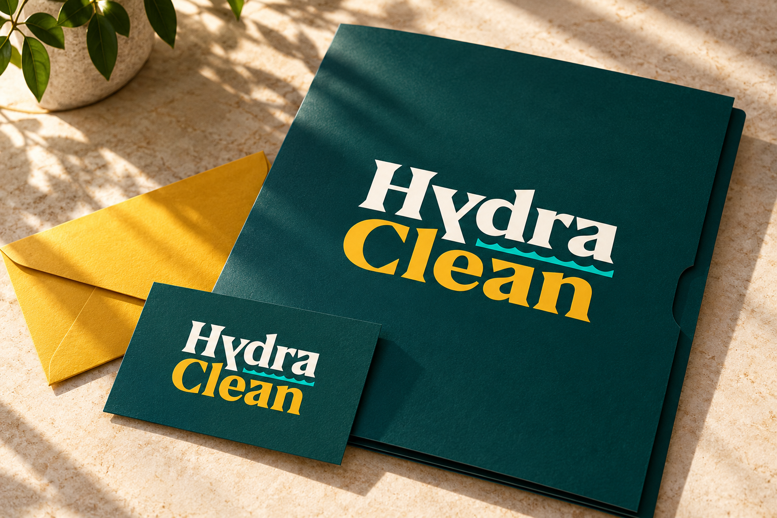 AI-generated brand concept for Hydra Clean: collateral still life.