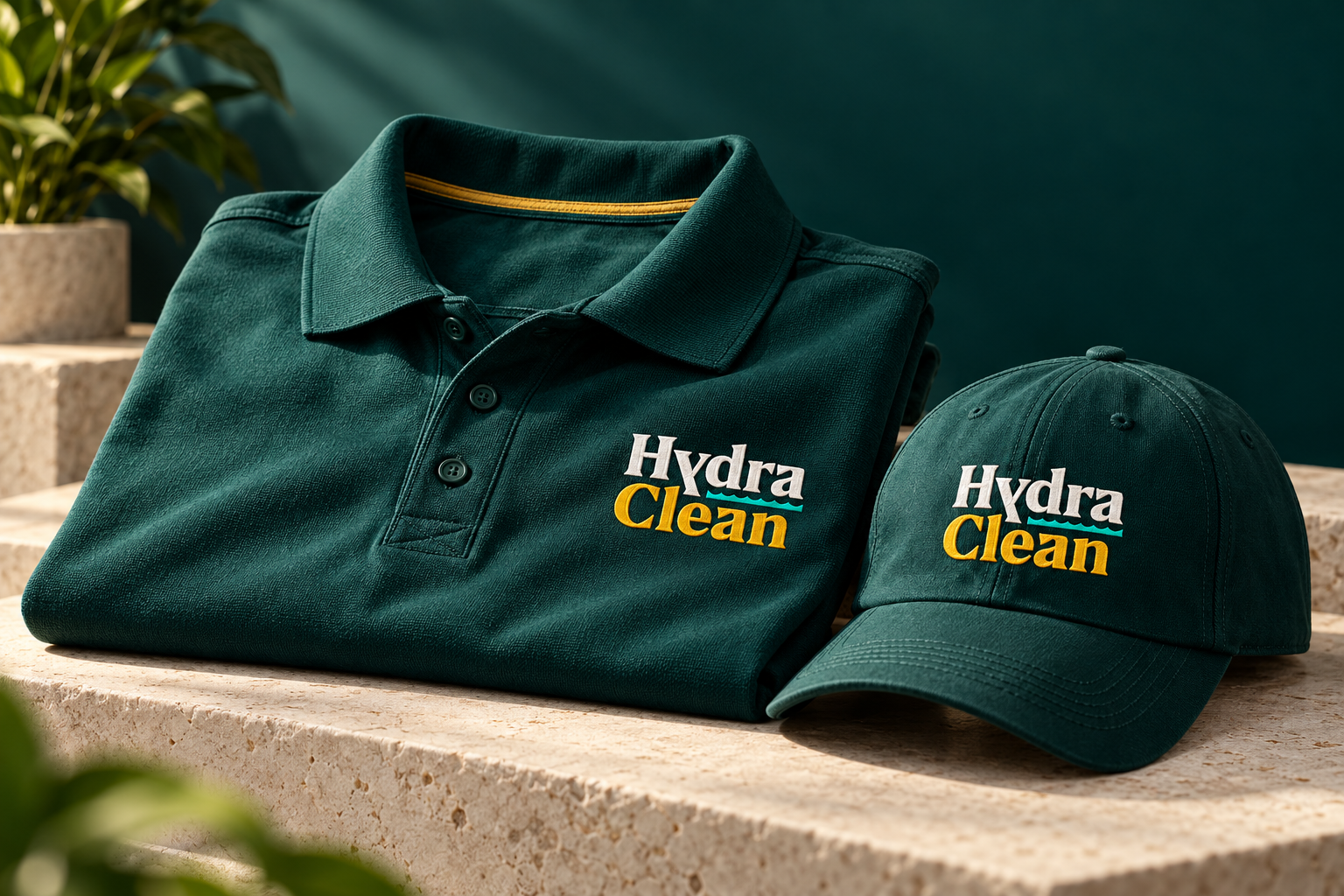 AI-generated brand concept for Hydra Clean: workwear studio.
